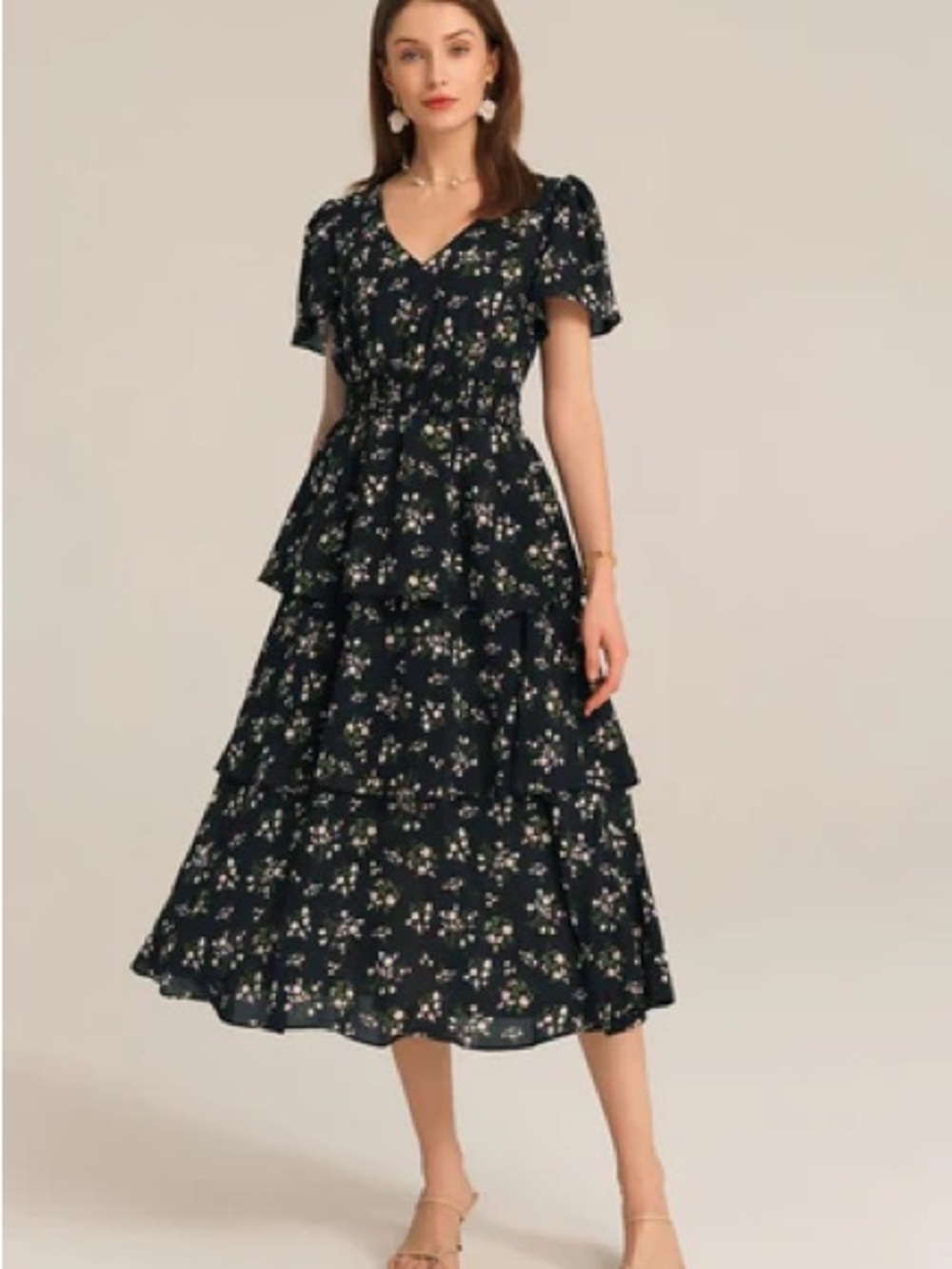Grace Karin Black Floral Tiered Midi Dress